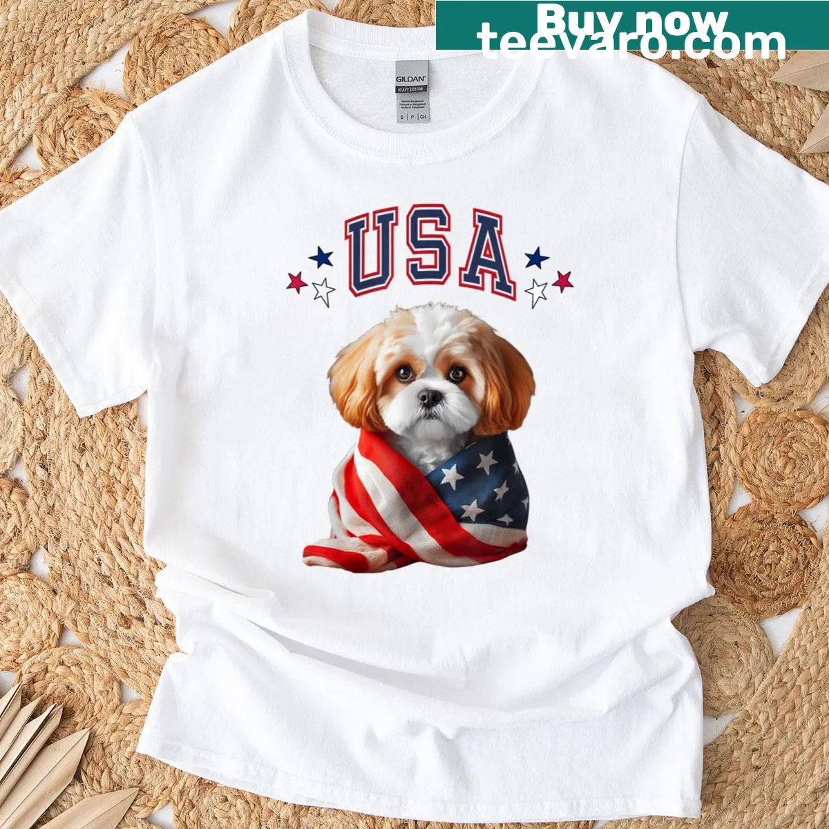 Patriotic T-shirt featuring a dog design for the Fourth of July — on a men's t-shirt