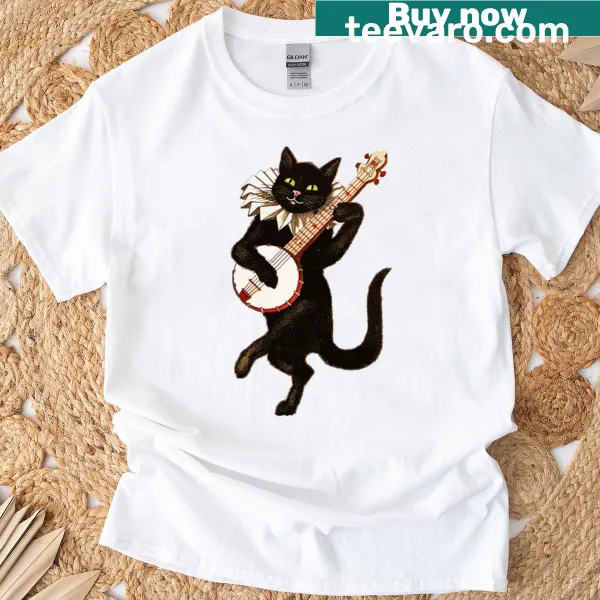 Victorian-style shirt featuring an elegant black cat illustration