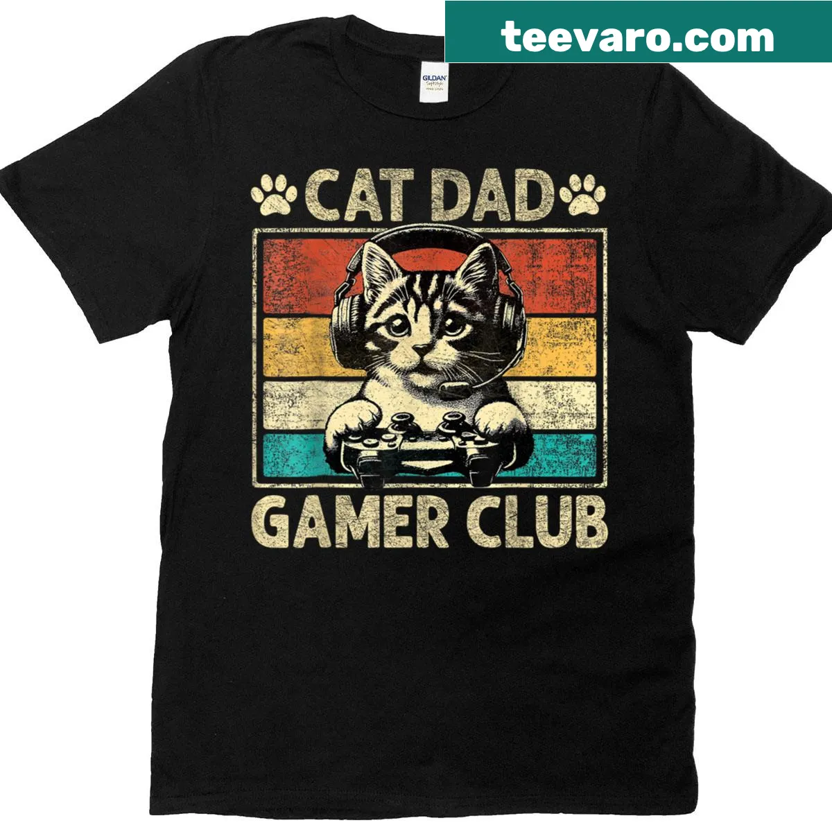 Funny cat dad gamer graphic t-shirt — on a men's t-shirt