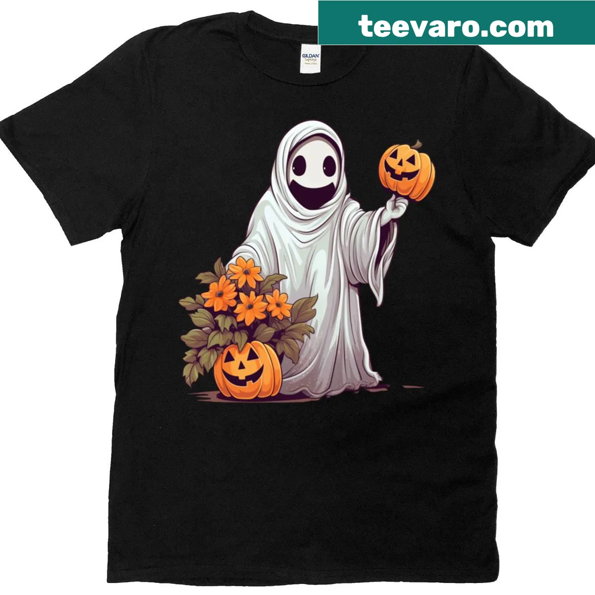 Vintage floral ghost and pumpkin design on a Halloween t-shirt — on a men's t-shirt