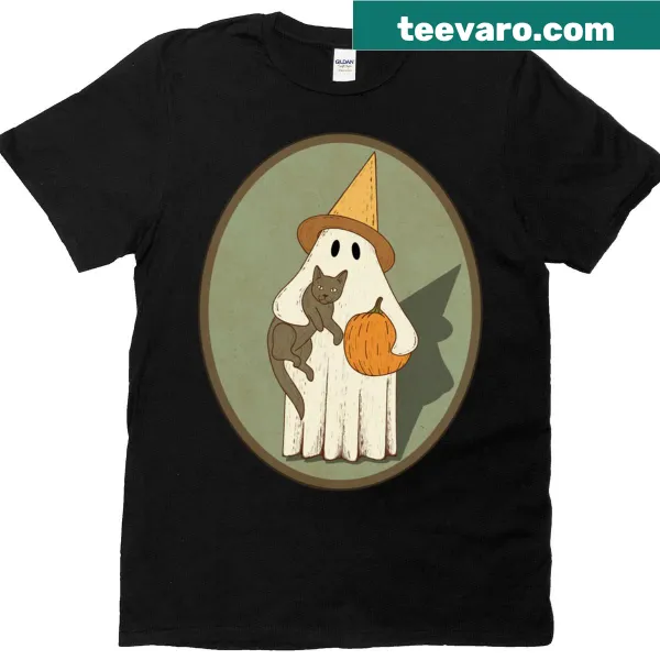 Friendly ghost graphic with a cat for Halloween fun.