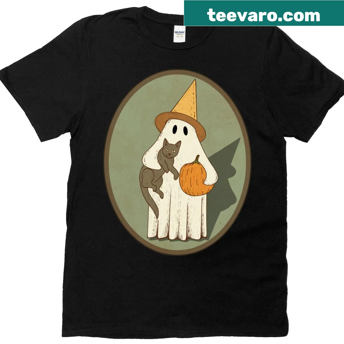Friendly ghost graphic with a cat for Halloween fun. — on a men's t-shirt
