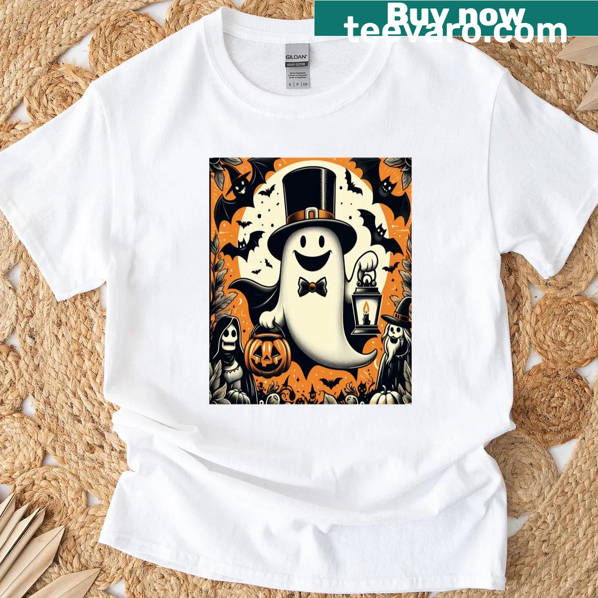 Vintage-style Halloween shirt featuring a playful ghost design — on a men's t-shirt