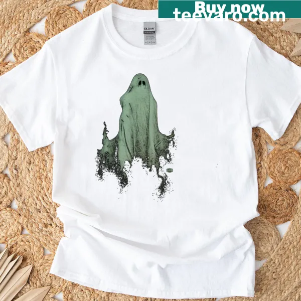 Vintage-style Halloween T-shirt with a ghost and rock theme