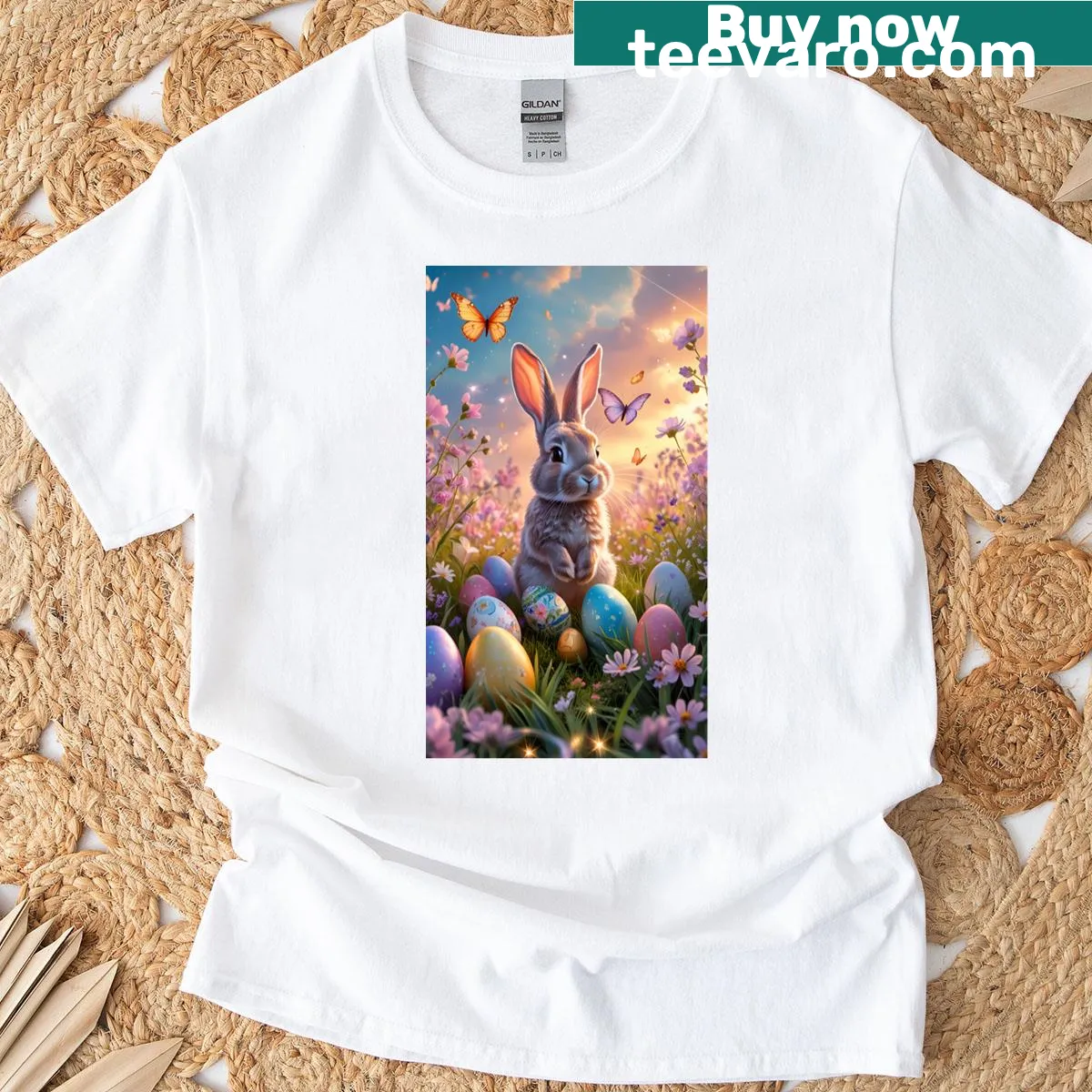 Easter-themed T-shirt with a whimsical bunny and field design — on a men's t-shirt