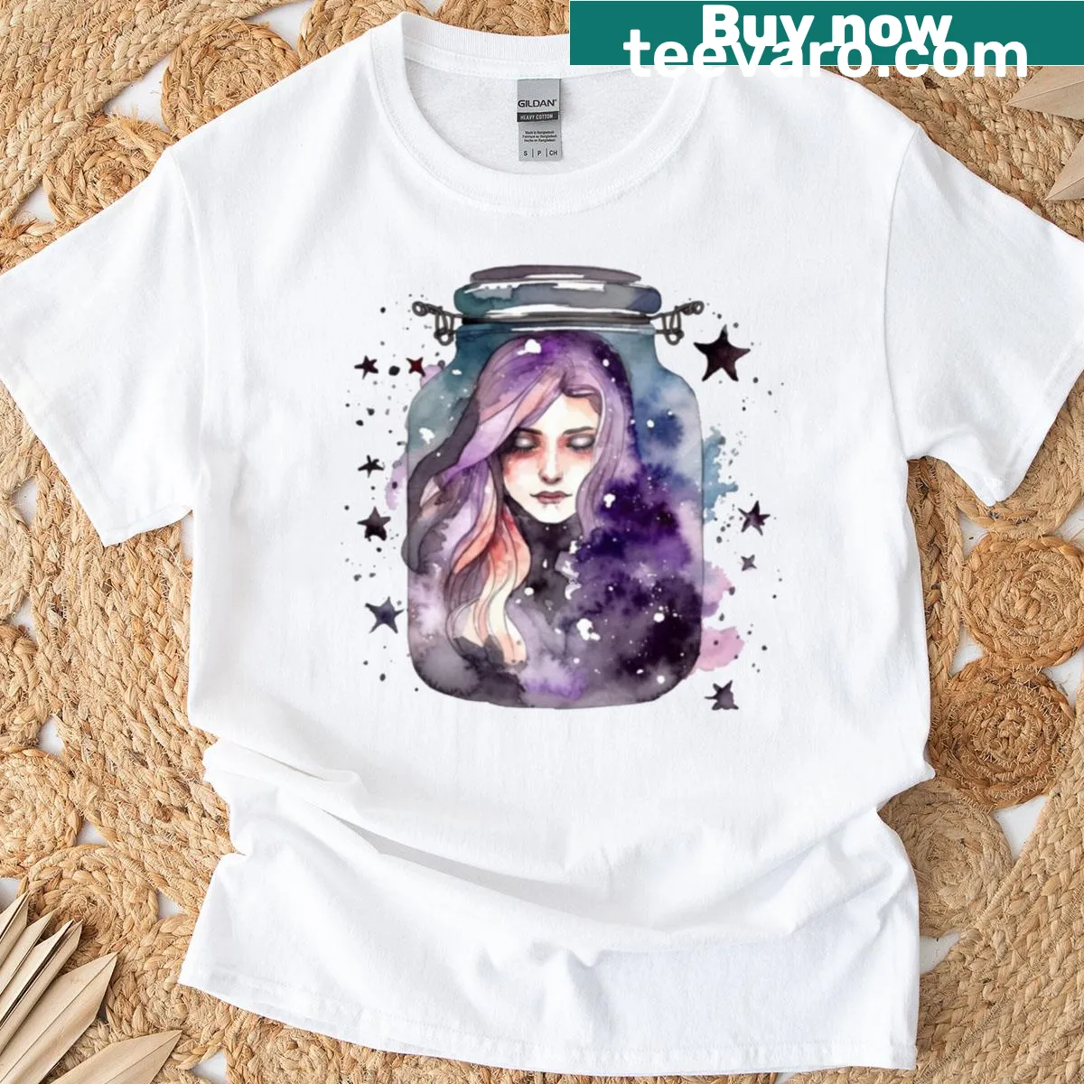 Playful T-shirt featuring a witch depicted in a jar — on a men's t-shirt