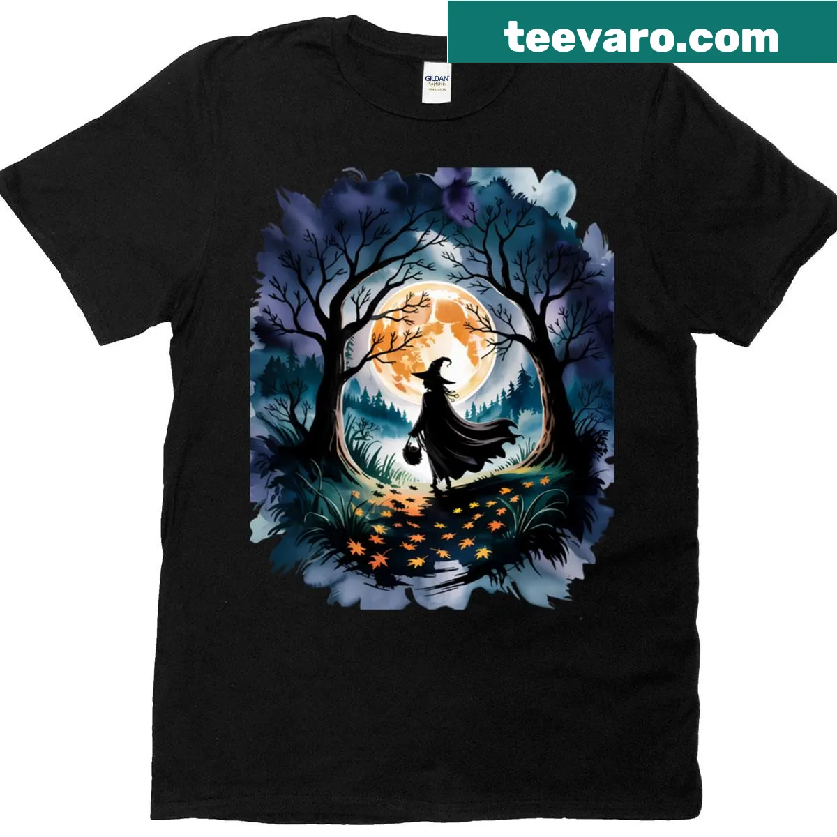 Artistic watercolor scene featuring a witch in a moonlit forest — on a men's t-shirt