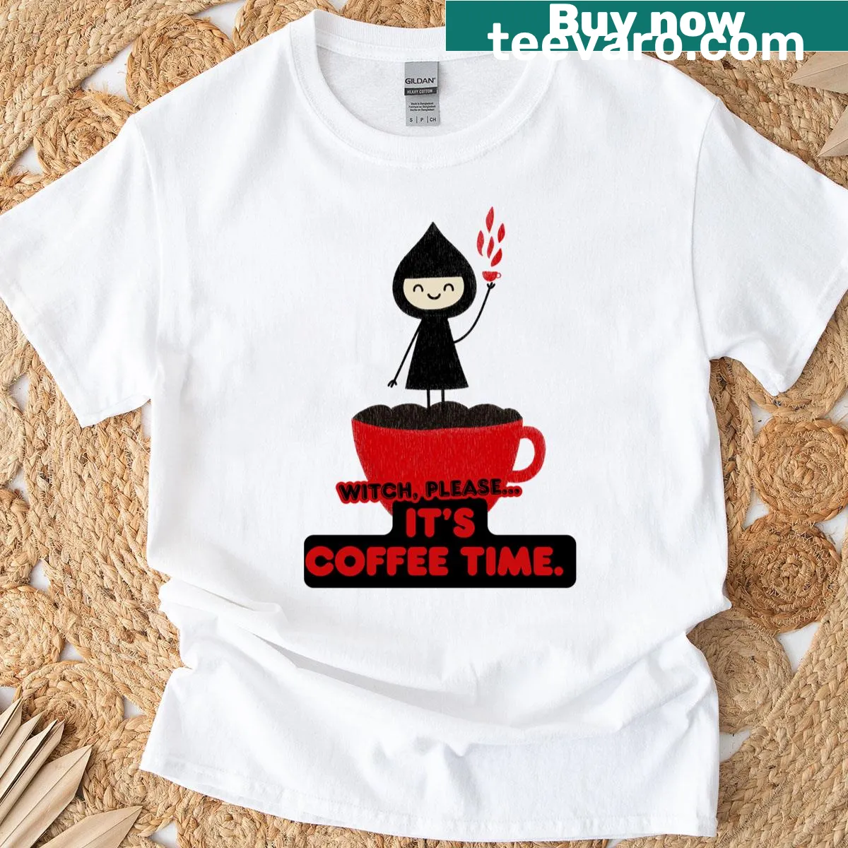 Cute coffee witch illustration on t-shirt with sass — on a men's t-shirt