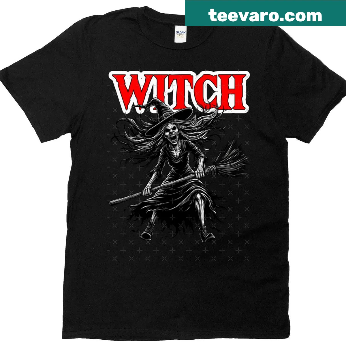 Witch Please text graphic on a Halloween t-shirt — on a men's t-shirt