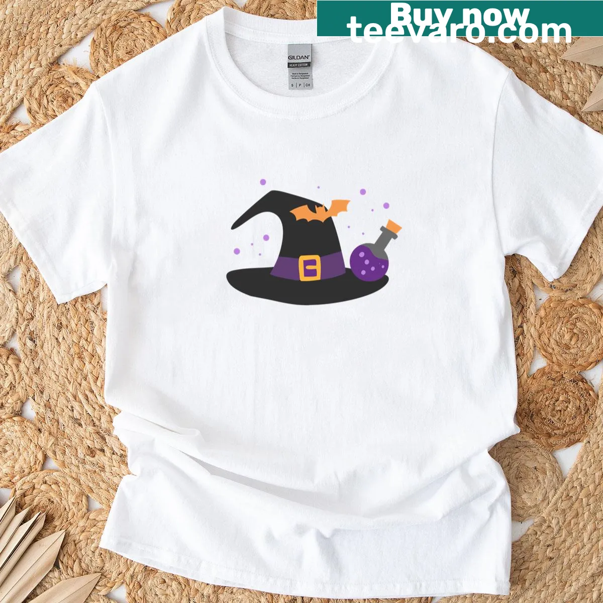 Witches hat and potion graphic T-shirt in playful design — on a men's t-shirt
