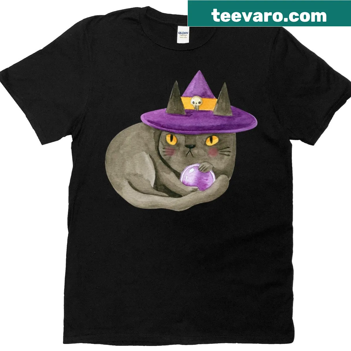 Oversized T-shirt featuring a whimsical witchy cat with a crystal ball — on a men's t-shirt