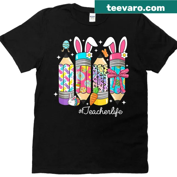 Cute bunny with pencil ears illustration on an Easter teacher T-shirt