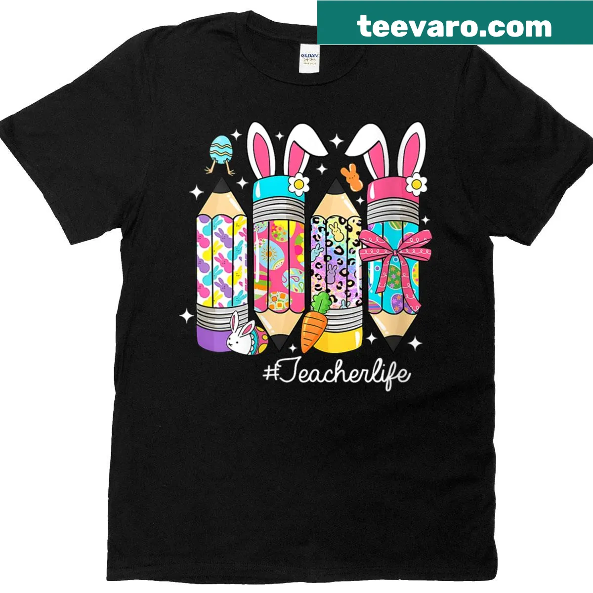 Cute bunny with pencil ears illustration on an Easter teacher T-shirt — on a men's t-shirt