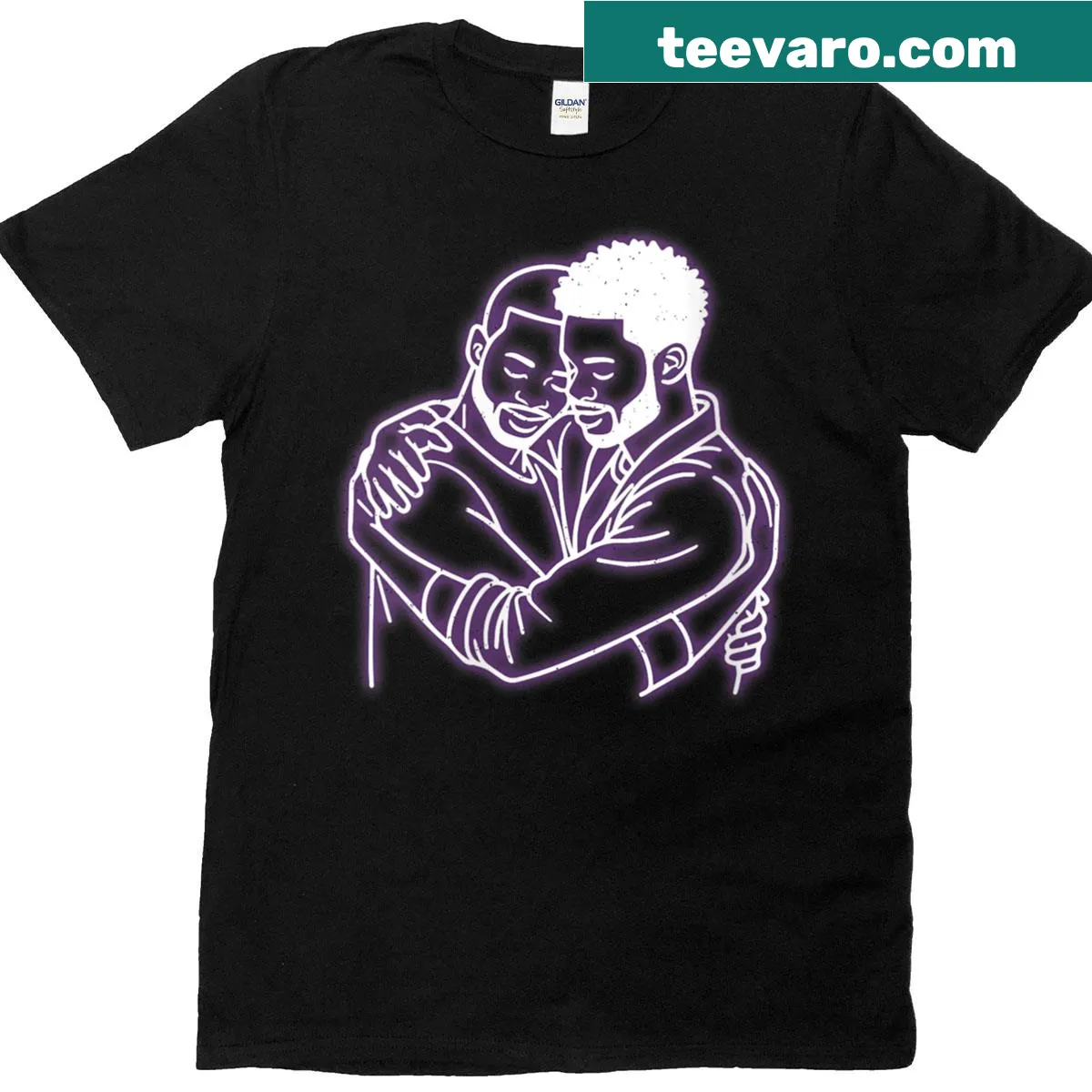 T-shirt featuring a hugging gay couple under a rainbow flag for pride. — on a men's t-shirt
