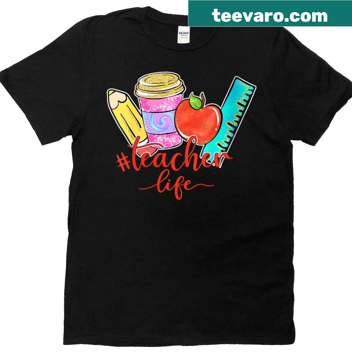 T-shirt with 'Teacher Life' hashtag, coffee cup, and ruler graphic for educators. — on a men's t-shirt