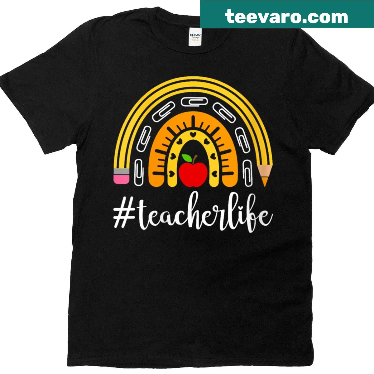 Playful T-shirt with rainbow clip and ruler design celebrating teachers. — on a men's t-shirt