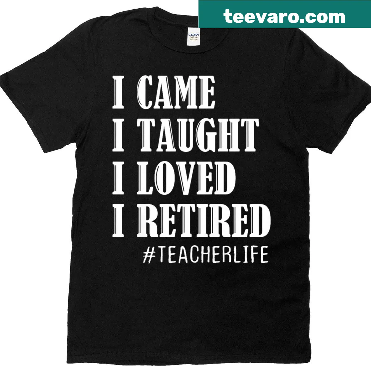 Retirement T-shirt for teachers with the phrase 'I Came I Taught I Loved I Retired' — on a men's t-shirt