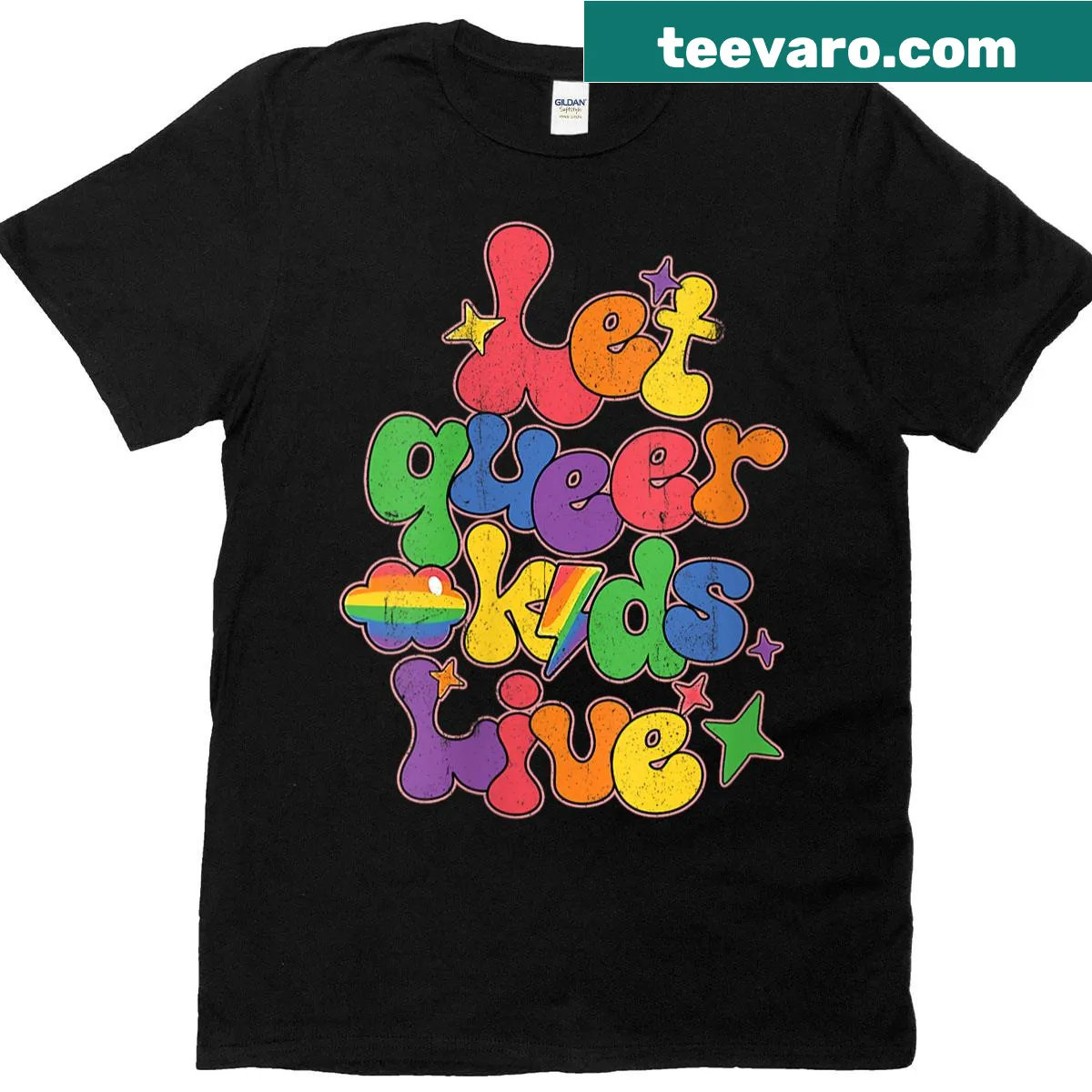 T-shirt with bold text 'Let Queer Kids Live' supporting LGBTQ+ rights. — on a men's t-shirt