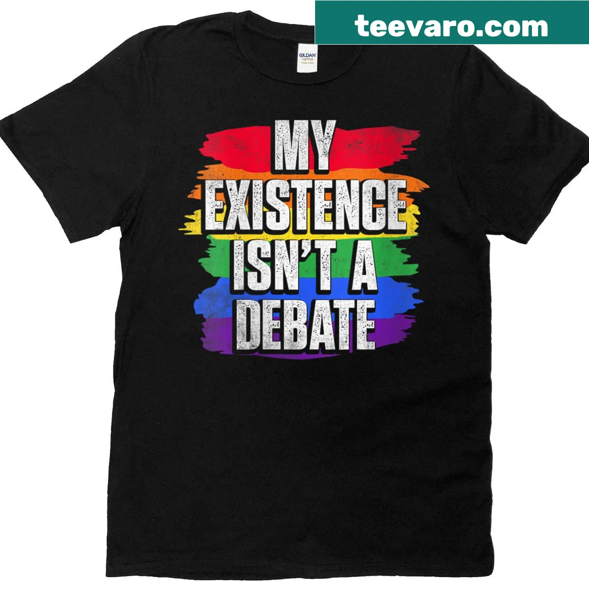 Bold graphic T-shirt with 'My Existence Isn't A Debate' text — on a men's t-shirt