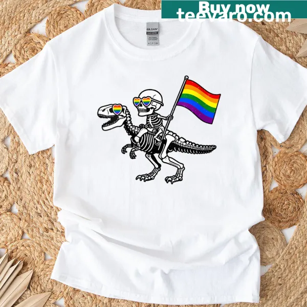Skeleton riding a dinosaur with rainbow flag graphic
