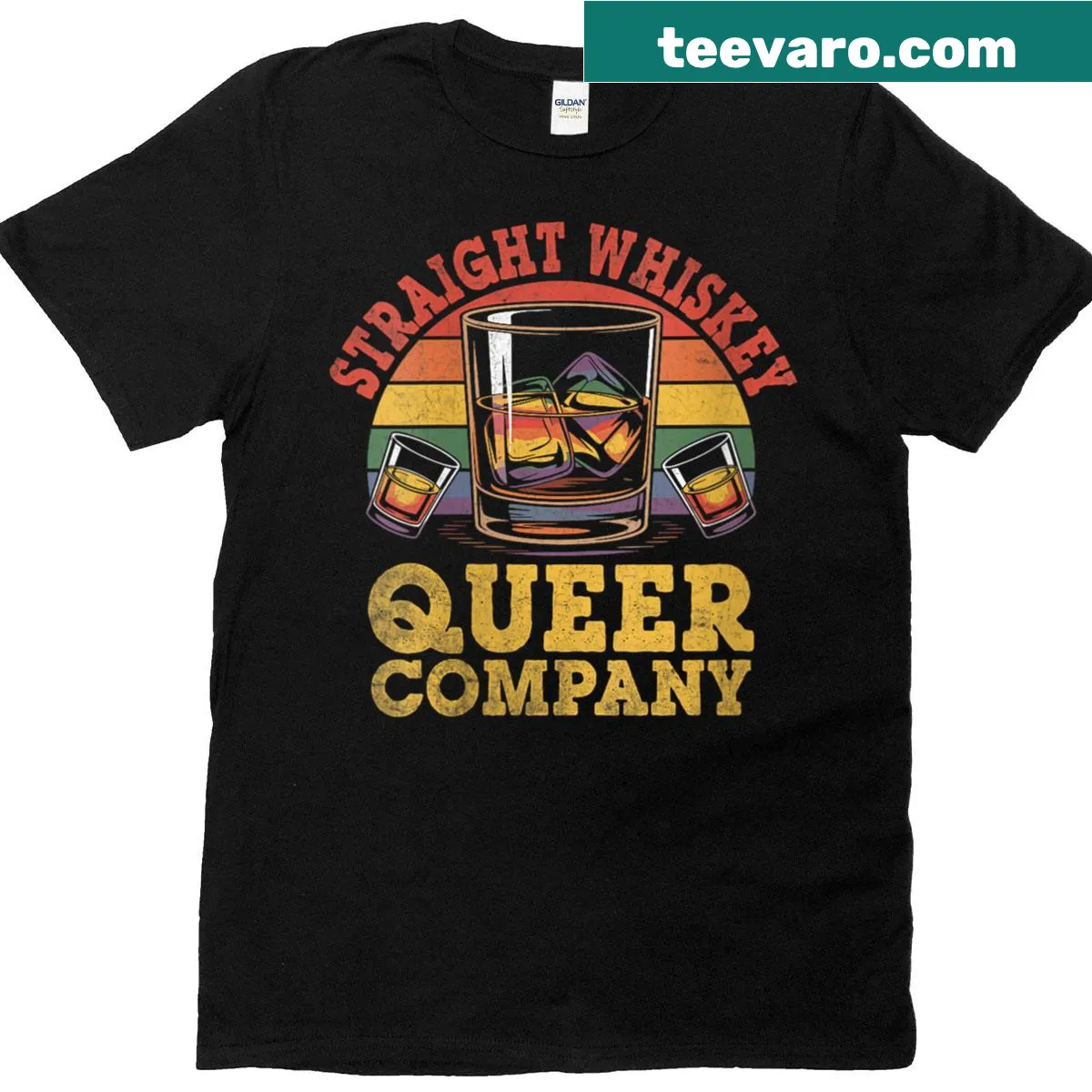 Playful typographic LGBT pride t-shirt with whiskey theme — on a men's t-shirt