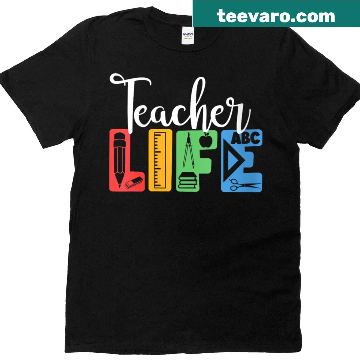 Illustration of school materials on teacher t-shirt — on a men's t-shirt