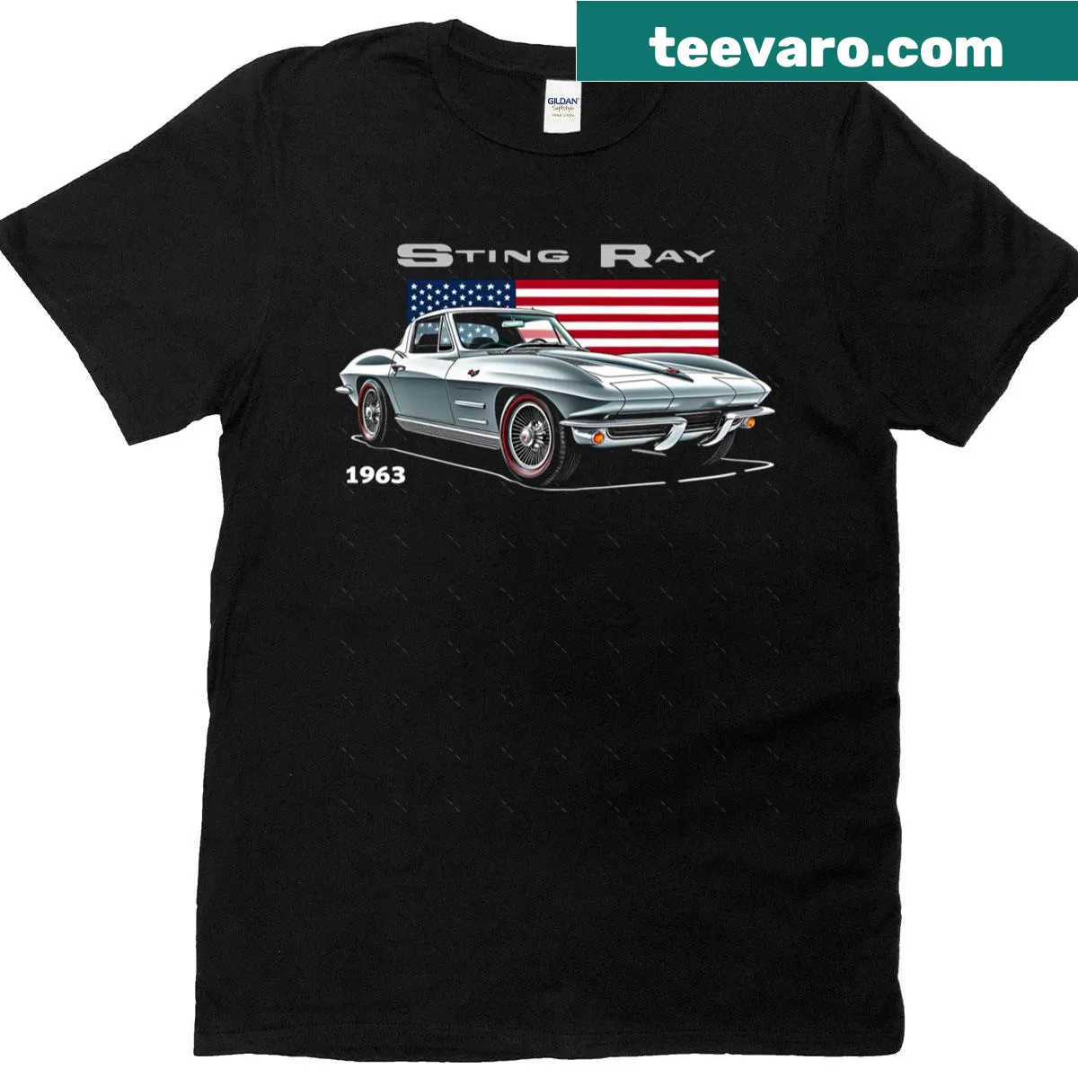 Artistic representation of 1963 Corvette Sting Ray on T-shirt — on a men's t-shirt