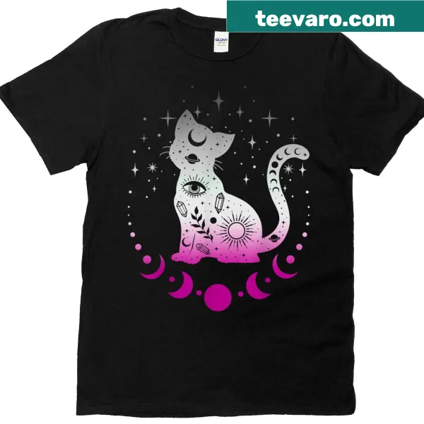 Whimsical cat-themed shirt featuring moon phases and astrology