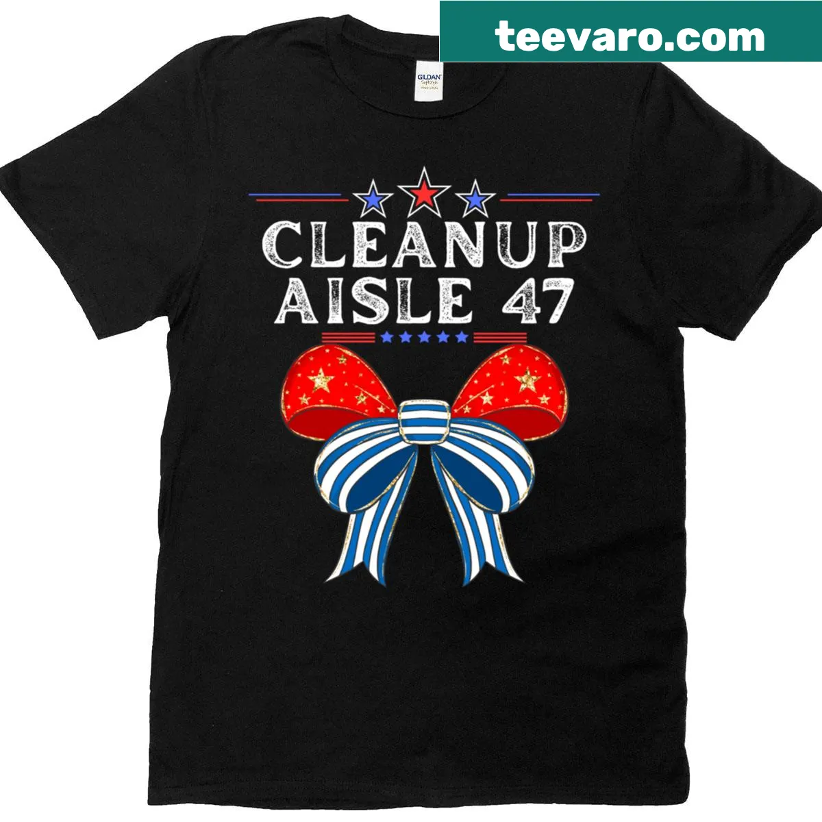 Political satire t-shirt featuring Cleanup Aisle 47 graphic — on a men's t-shirt