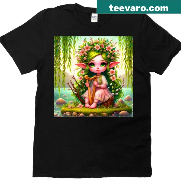 Illustration of an elf girl playing harp under a willow tree by a lake