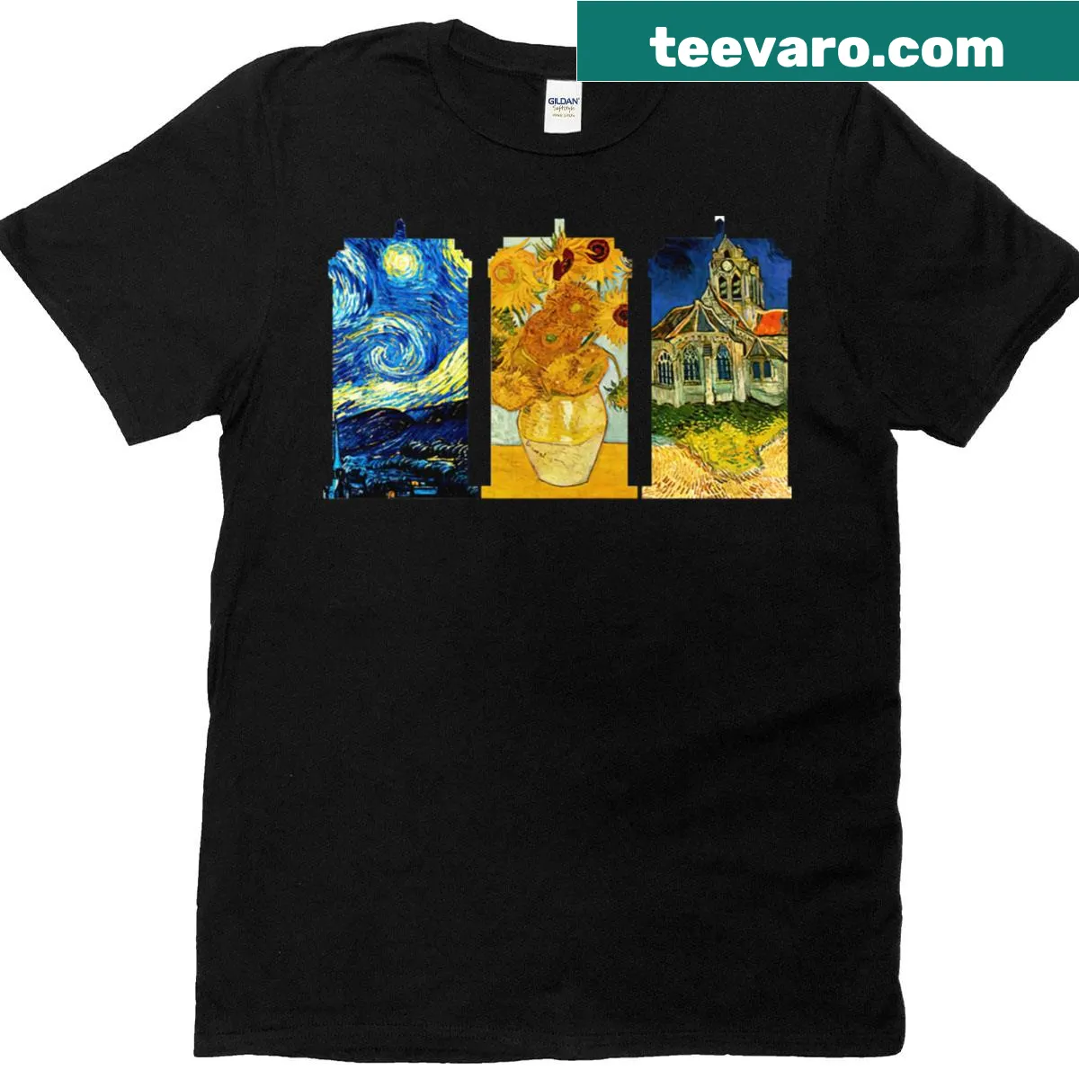 T-shirt featuring TARDIS and Van Gogh's Starry Night artwork — on a men's t-shirt