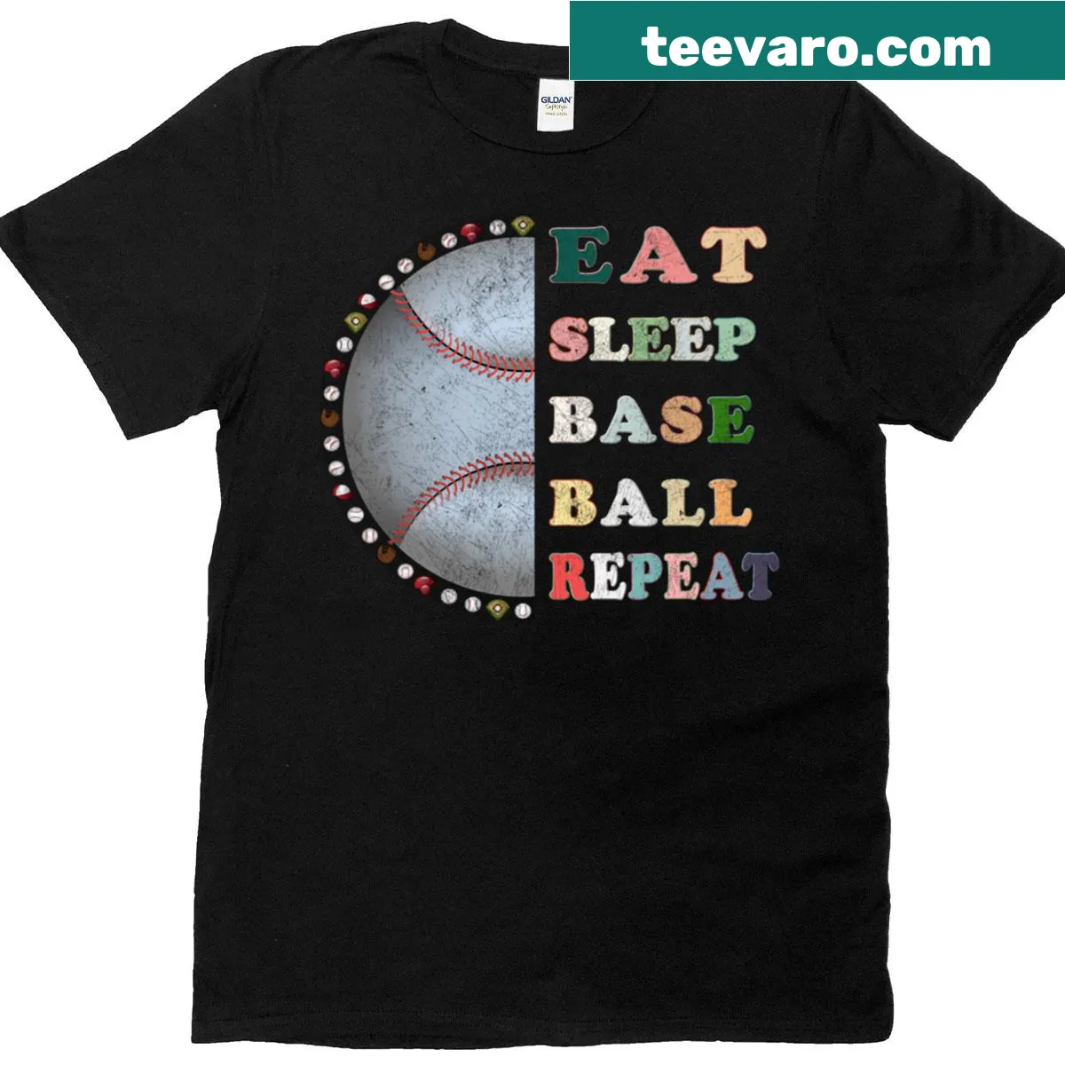 Funny baseball-themed T-shirt with eat, sleep, repeat text design — on a men's t-shirt