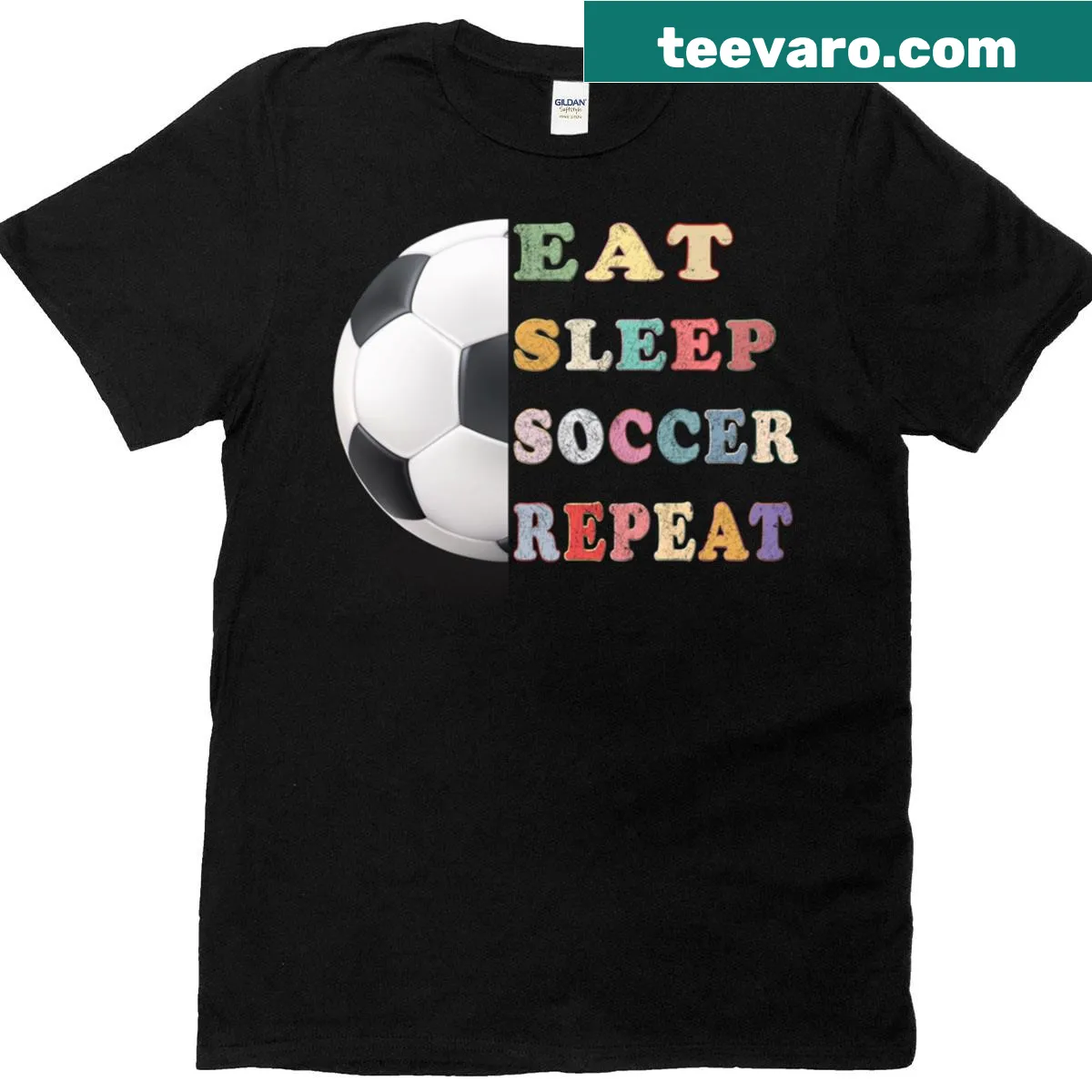 Funny soccer-themed T-shirt with eat, sleep, repeat text design — on a men's t-shirt