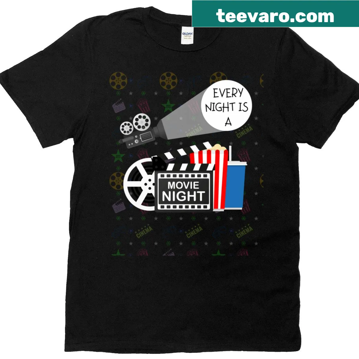 T-shirt with 'Every Night Is A Movie Night' slogan — on a men's t-shirt