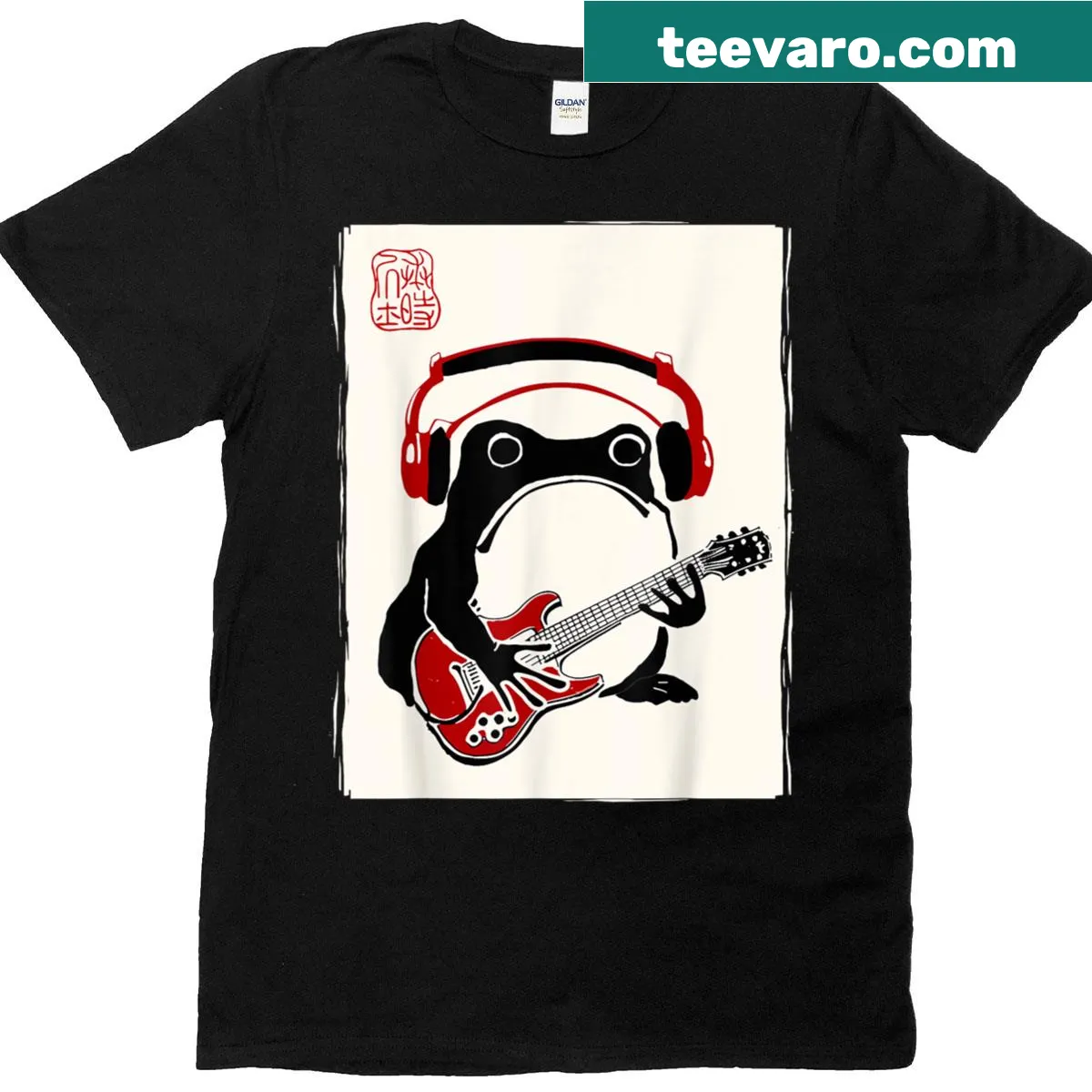 Cute grumpy frog playing guitar in kawaii style — on a men's t-shirt