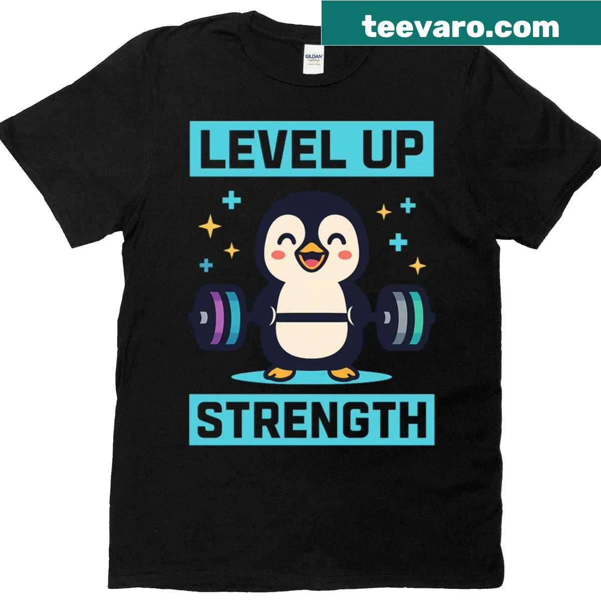 Cartoon T-shirt featuring a penguin lifting weights in gym attire. — on a men's t-shirt