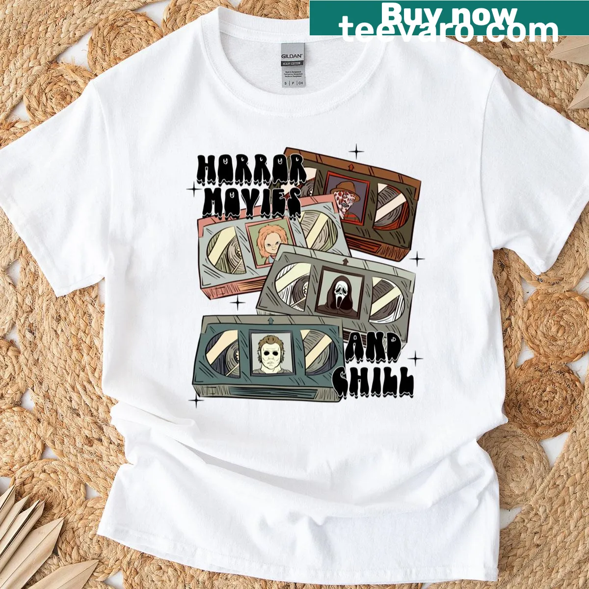 Shirt with playful text 'Horror Movies And Chill' in bold typography — on a men's t-shirt