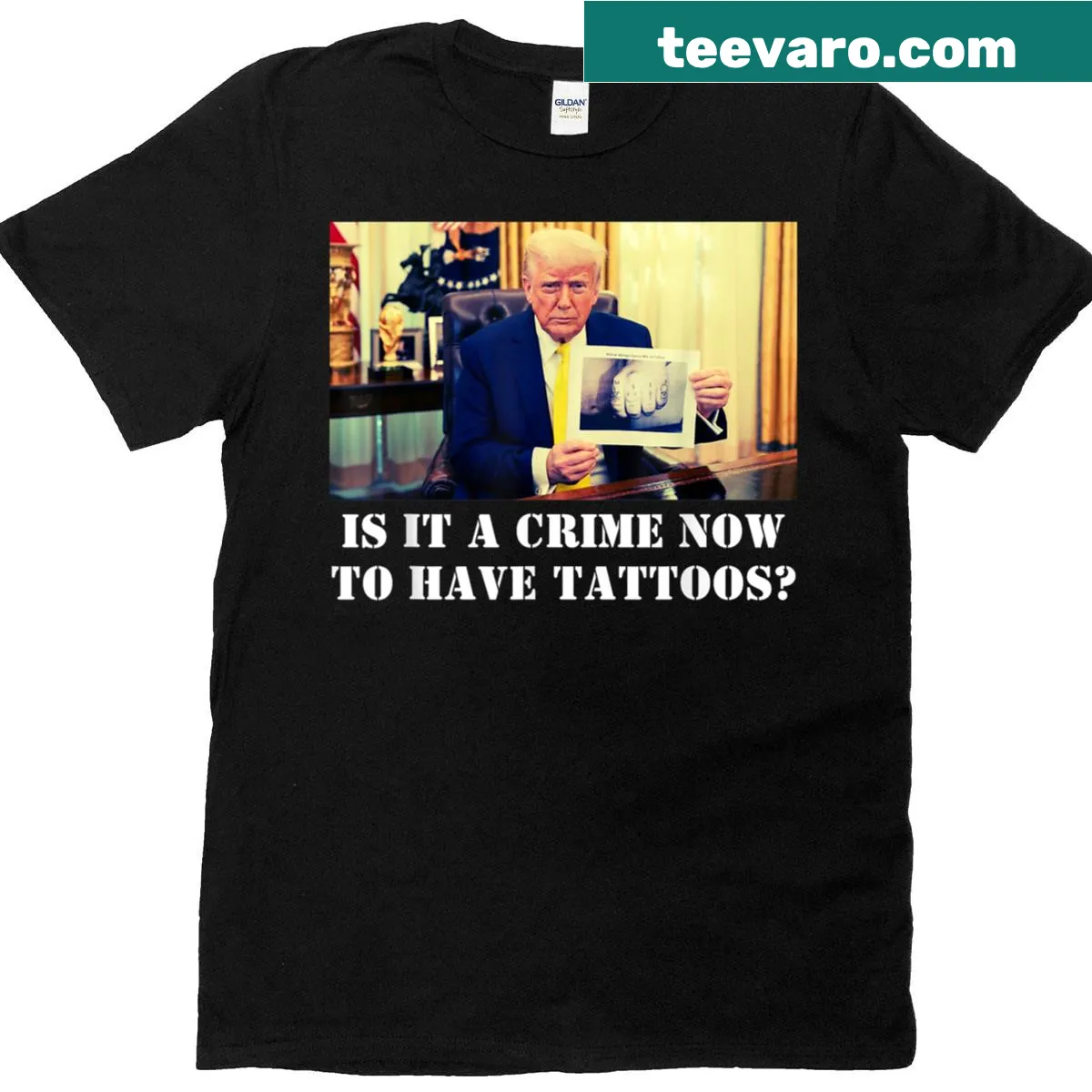 Funny Trump political shirt questioning tattoos and societal norms — on a men's t-shirt