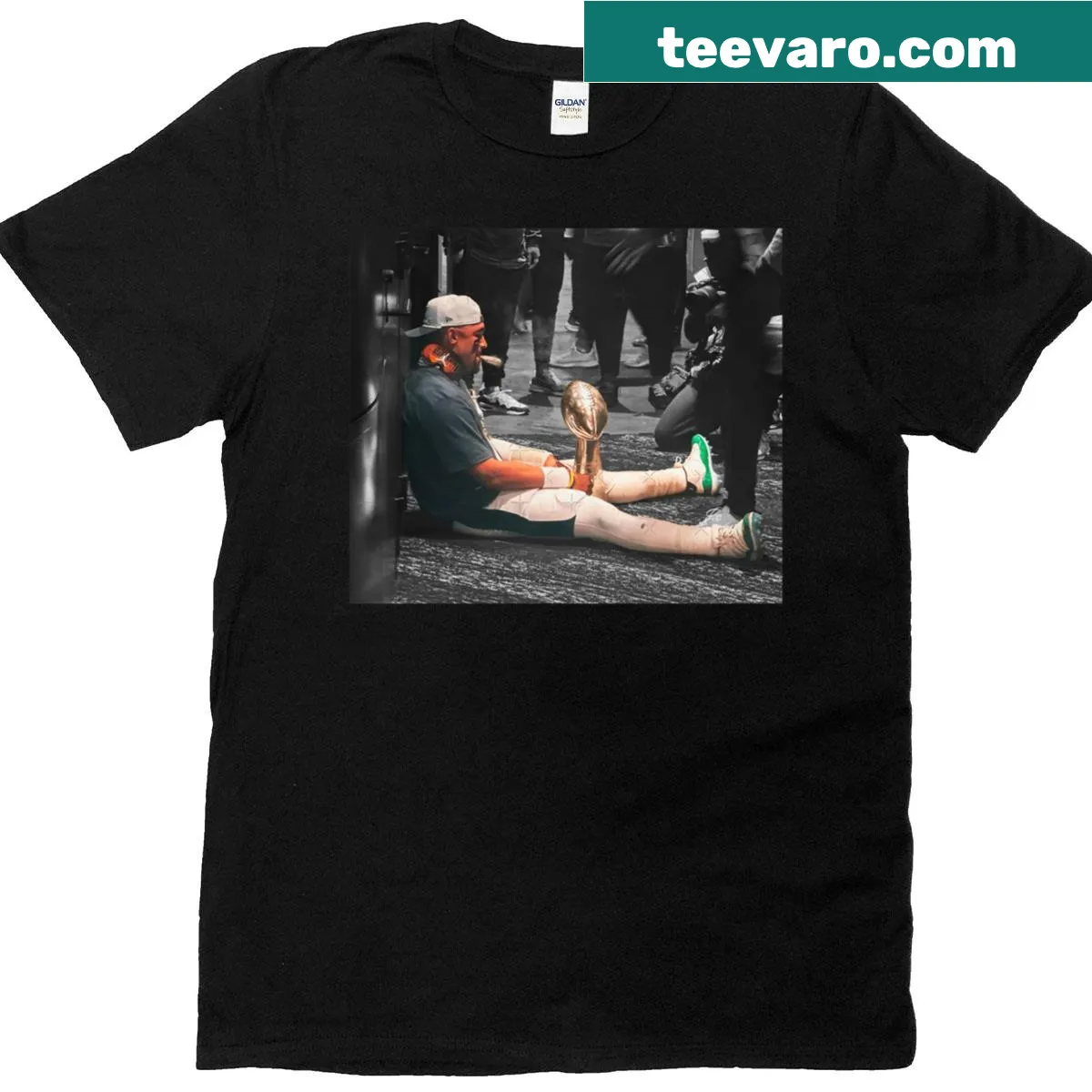Illustrative Champions shirt featuring Jalen Hurts — on a men's t-shirt