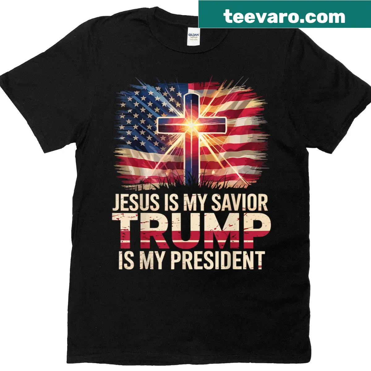 Christian Biblical t-shirt stating Jesus is Savior and Trump is President — on a men's t-shirt