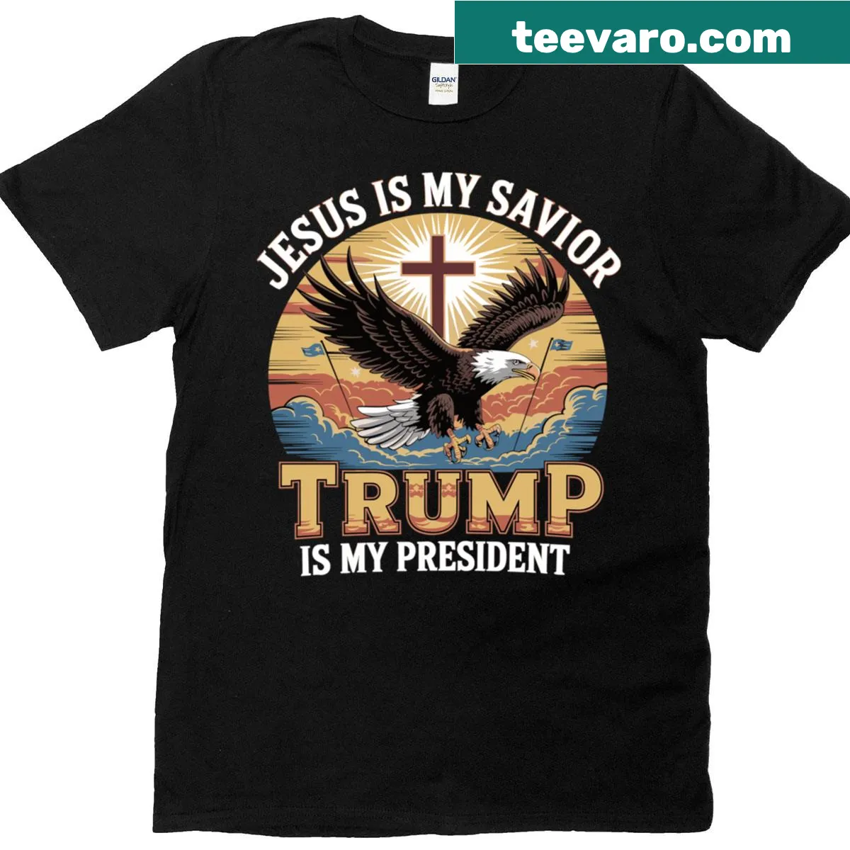 Pro-Trump Christian t-shirt stating Jesus is Savior and Trump is President — on a men's t-shirt