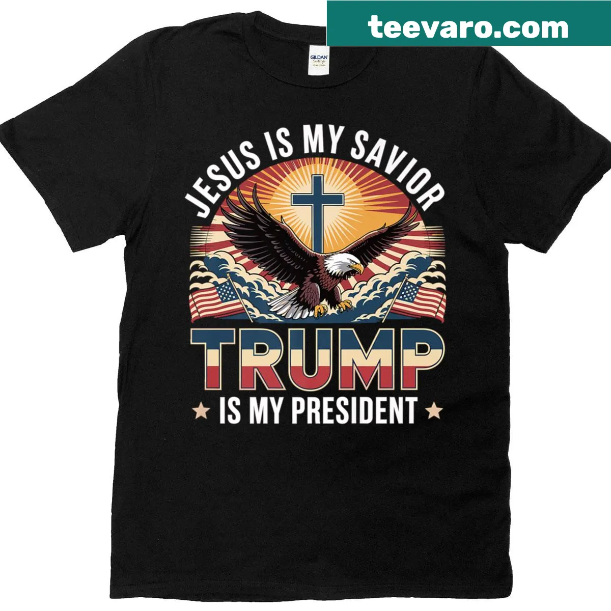 Religious political T-shirt with text 'Jesus Is My Savior Trump Is My President' — on a men's t-shirt