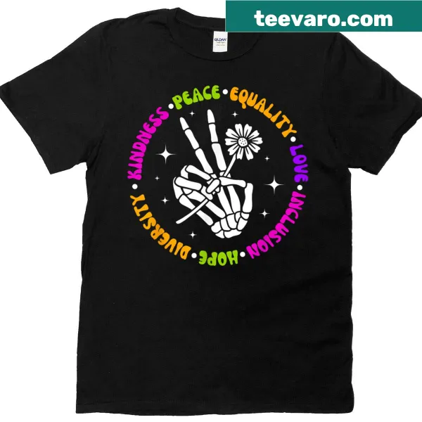 Retro skeleton graphic t-shirt promoting kindness and equality