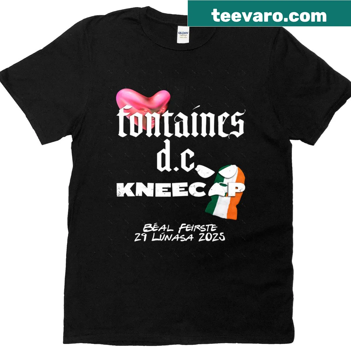 Kneecap T-shirt featuring Belfast-themed illustration — on a men's t-shirt