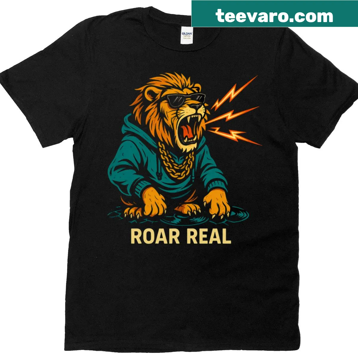 T-shirt featuring a lion DJ in a playful illustration — on a men's t-shirt