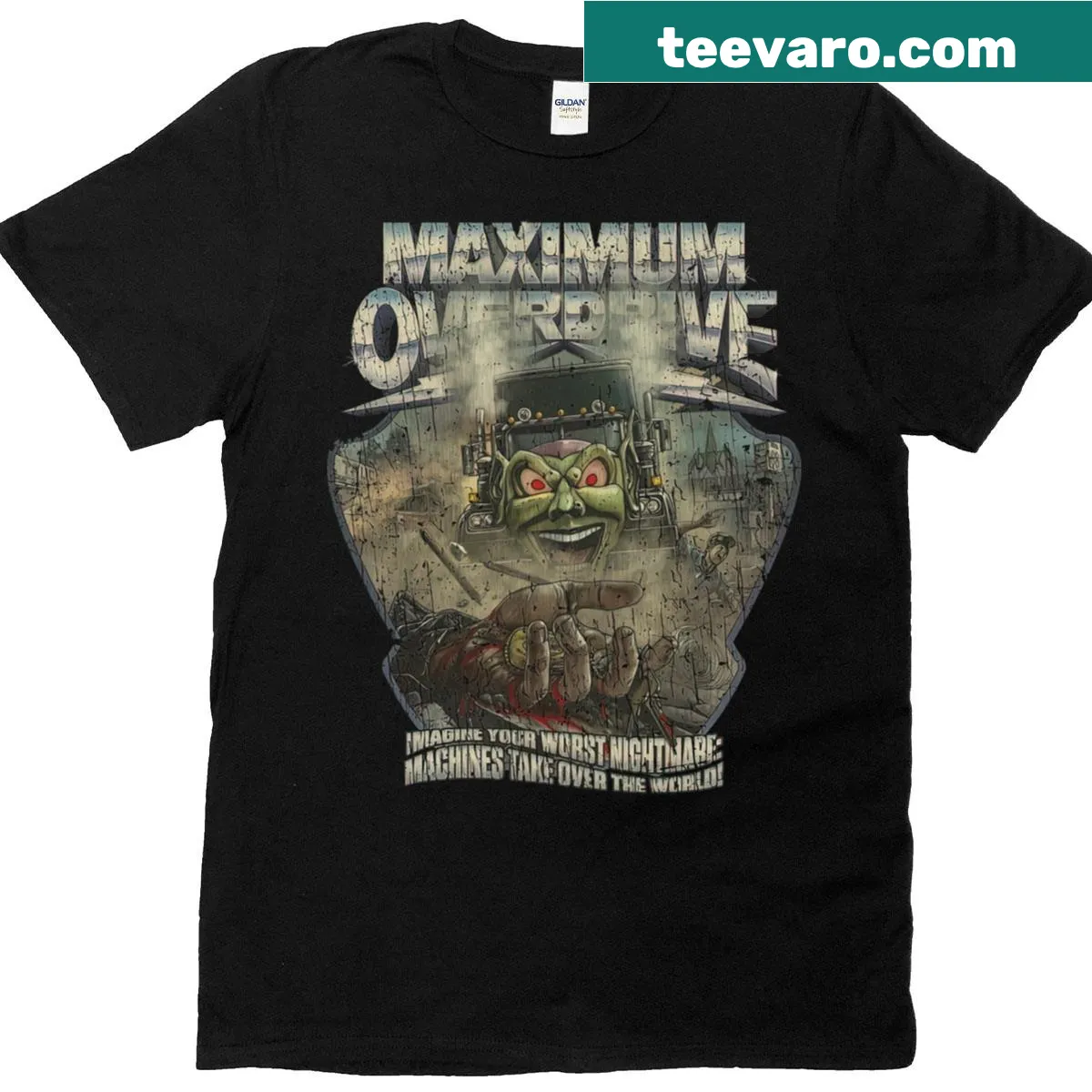 Bold graphic t-shirt inspired by the film Maximum Overdrive. — on a men's t-shirt