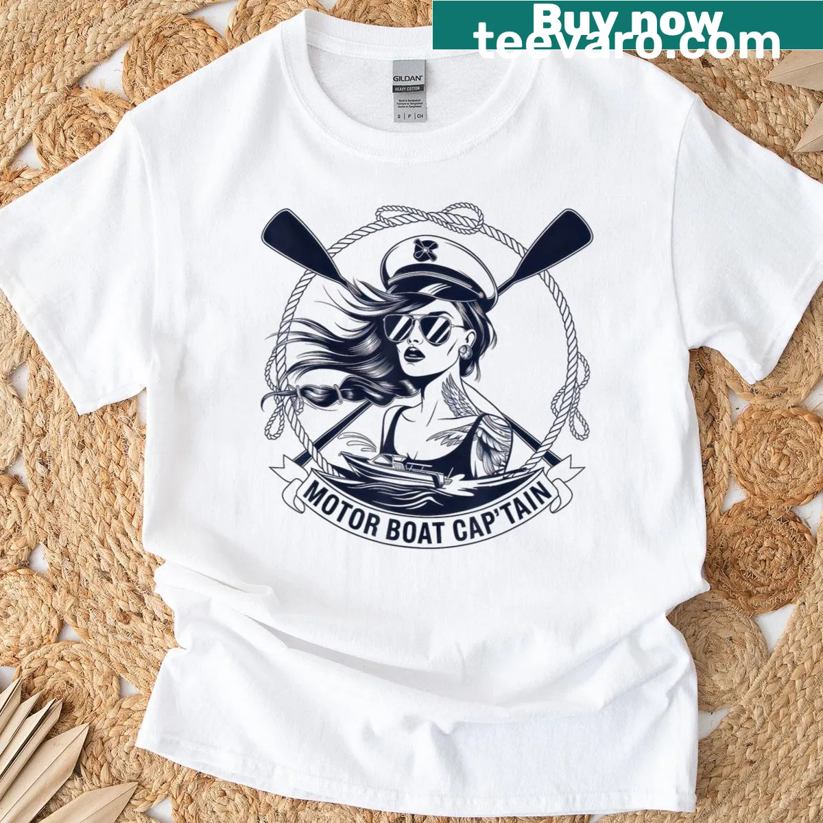 Whimsical motor boat captain illustration on a T-shirt — on a men's t-shirt