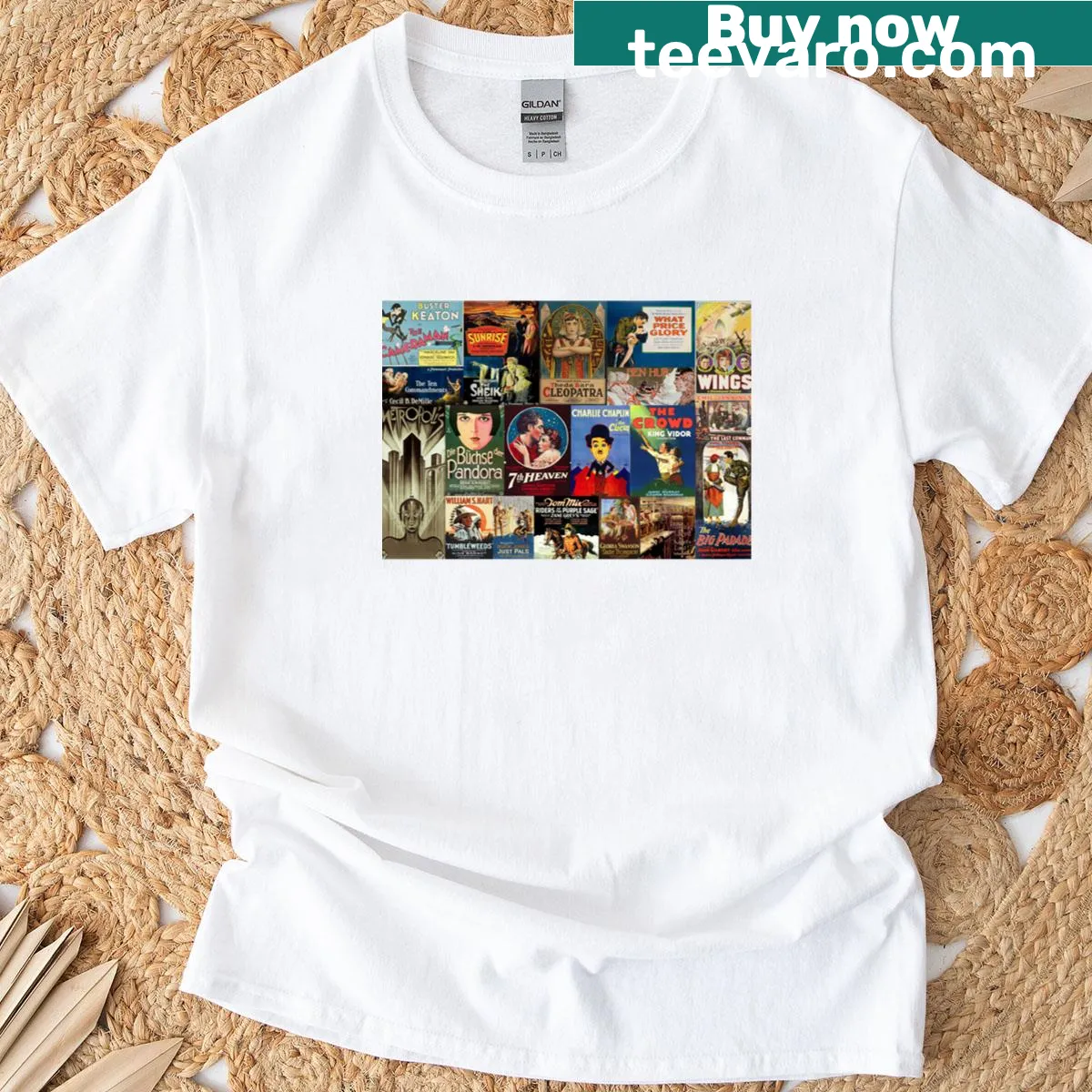 T-shirt featuring graphics inspired by silent film posters — on a men's t-shirt