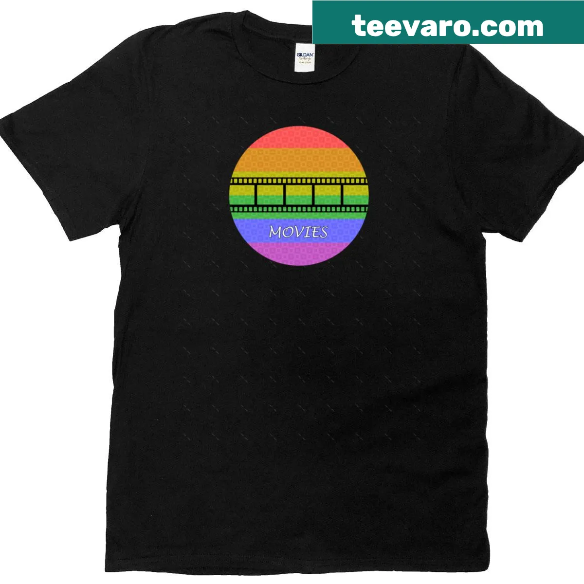 Oversized t-shirt featuring playful movie art and Gay Pride symbols — on a men's t-shirt