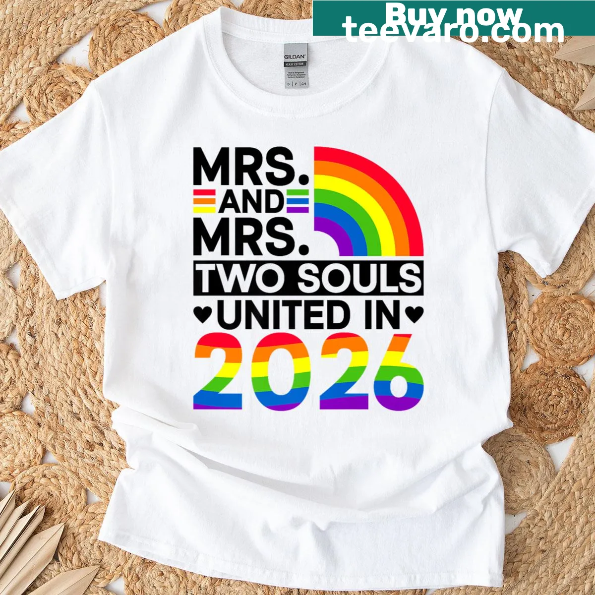Elegant typography featuring 'Mrs And Mrs - Two Souls United In 2026' on a T-shirt — on a men's t-shirt